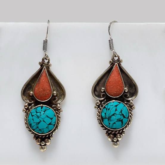 Nepali Tibetan Turquoise & Coral Dangle Earrings