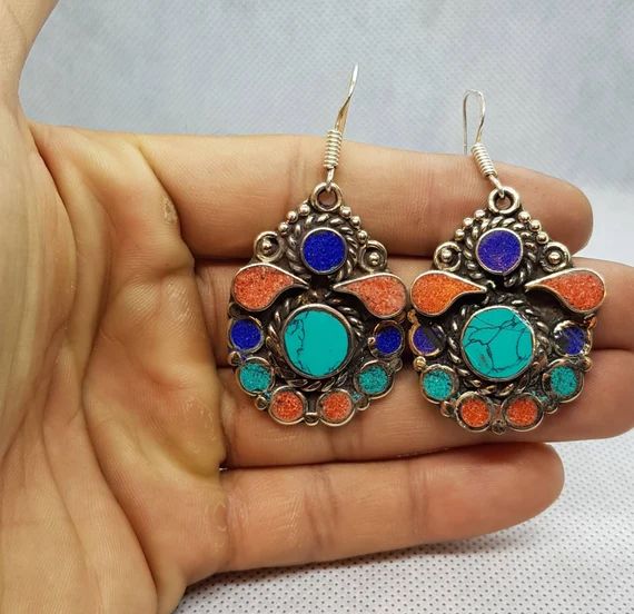 Nepali Tibetan Turquoise & Coral Dangle Earrings