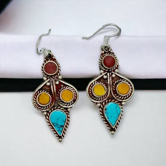 Nepali Tibetan Turquoise & Coral Dangle Earrings