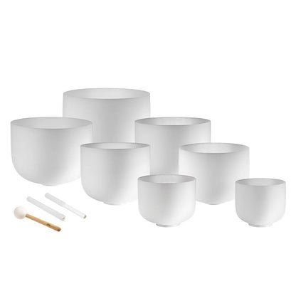 432 Hz 8"-14" Crystal Singing Bowls Chakra Set of 7 - Pure White Frosted Quartz