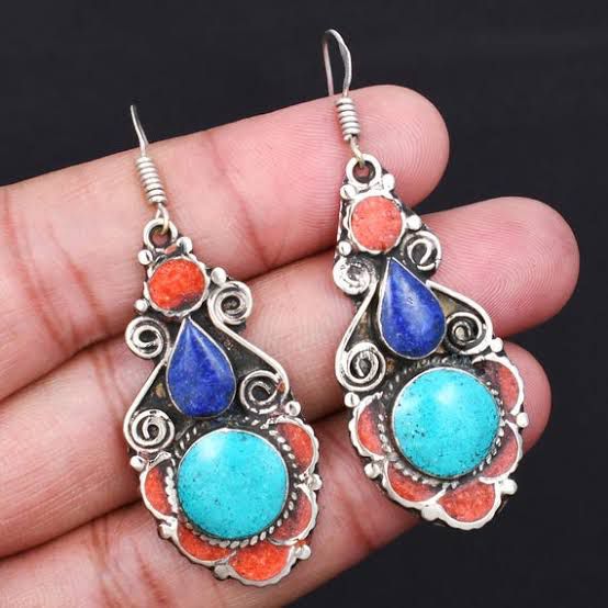 Nepali Tibetan Turquoise & Coral Dangle Earrings