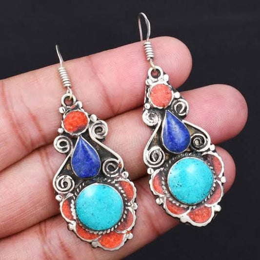Nepali Tibetan Turquoise & Coral Dangle Earrings