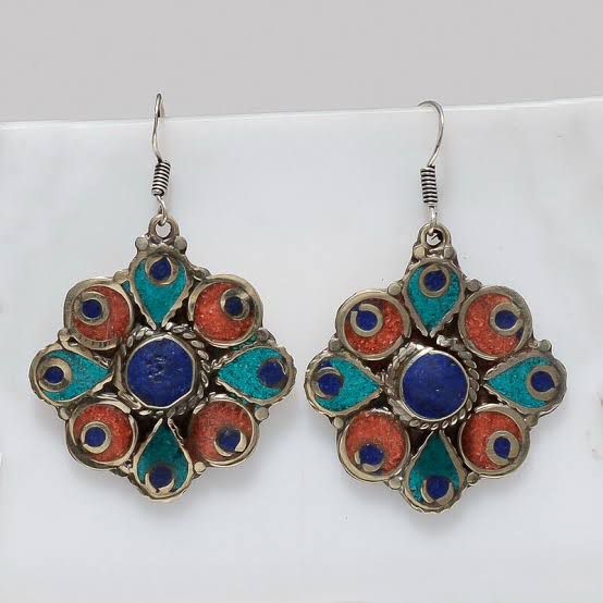Nepali Tibetan Turquoise & Coral Dangle Earrings