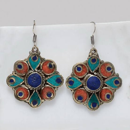 Nepali Tibetan Turquoise & Coral Dangle Earrings